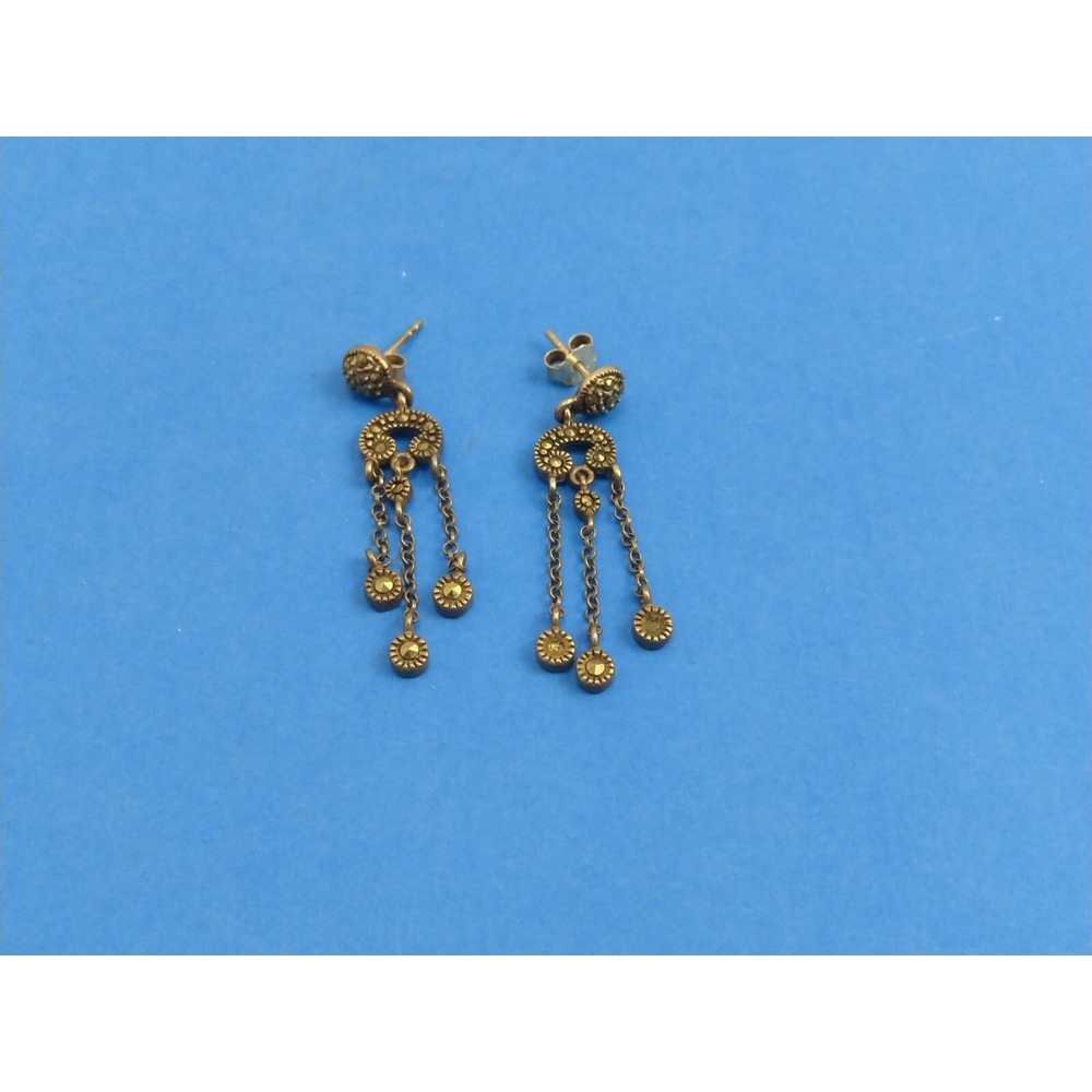 Vintage Sterling Silver 925 Dangle Drop Earrings Ethnic Tribal Rhinestone